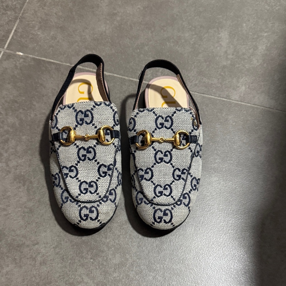 Gucci Blue Monogram Loafers with Gold Detail
